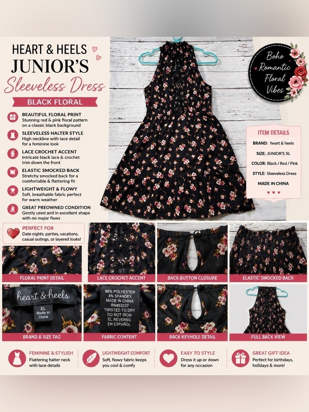 Heart & Heels Black Floral Sleeveless Boho Dress Juniors XL Cottagecore